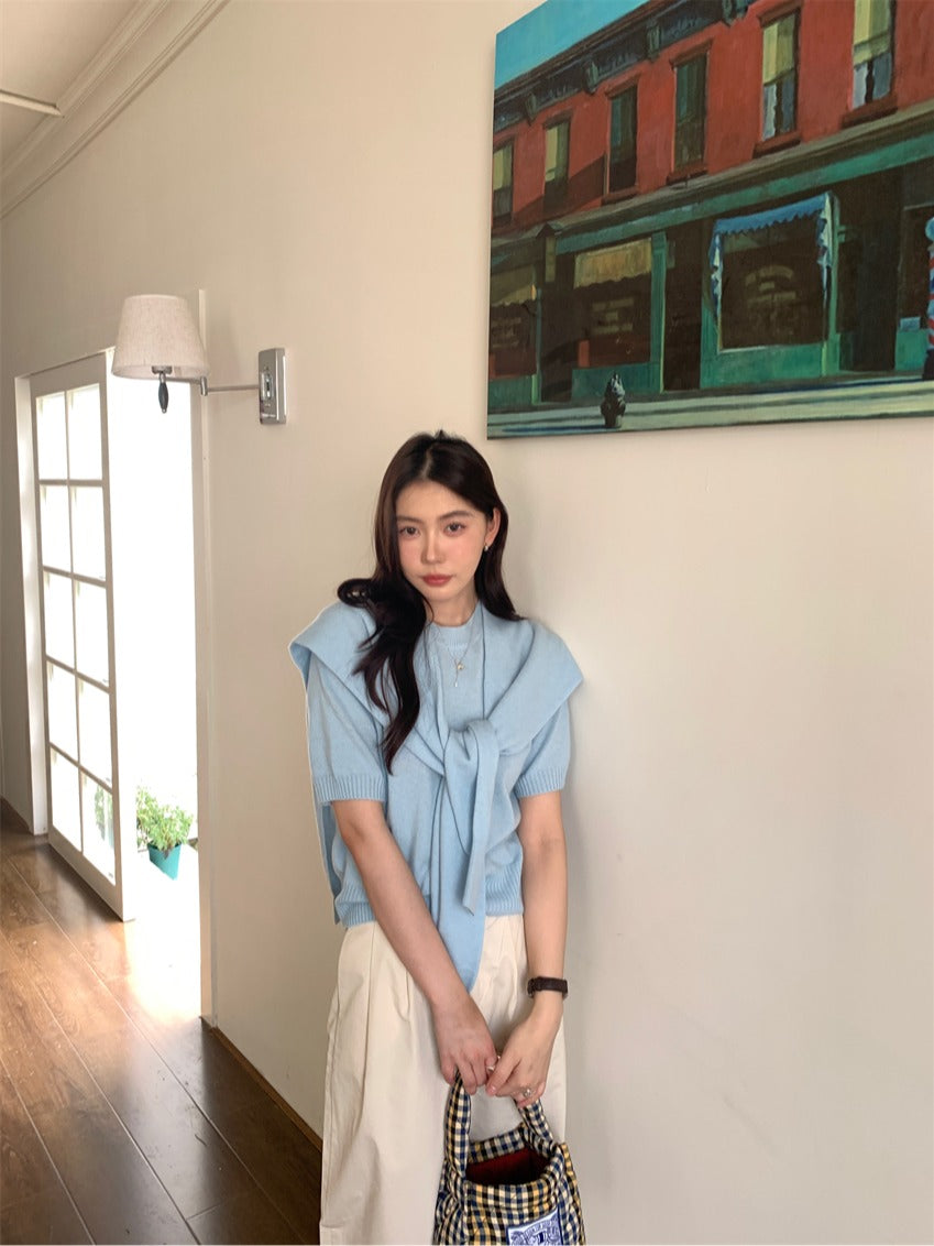 CGE9090-120B 百搭圓領短袖薄款毛衣+送同色披肩(2色)