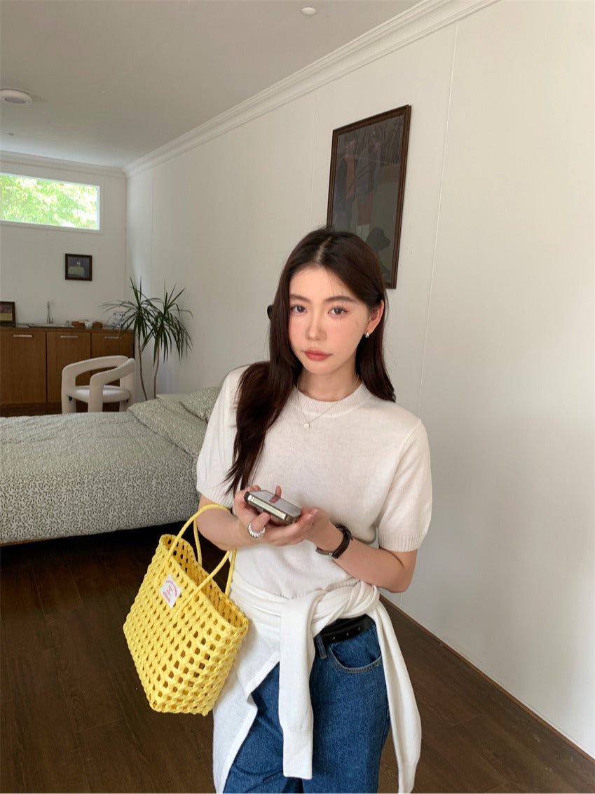 CGE9090-120B 百搭圓領短袖薄款毛衣+送同色披肩(2色)