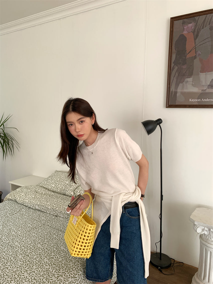 CGE9090-120B 百搭圓領短袖薄款毛衣+送同色披肩(2色)