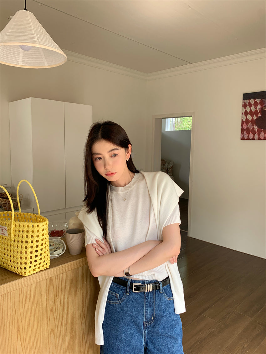 CGE9090-120B 百搭圓領短袖薄款毛衣+送同色披肩(2色)