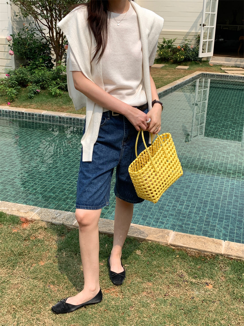 CGE9090-120B 百搭圓領短袖薄款毛衣+送同色披肩(2色)