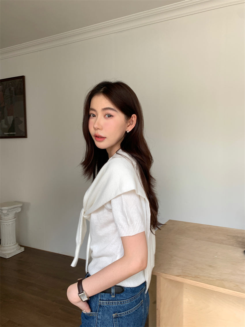 CGE9090-120B 百搭圓領短袖薄款毛衣+送同色披肩(2色)