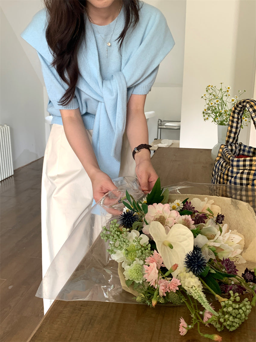 CGE9090-120B 百搭圓領短袖薄款毛衣+送同色披肩(2色)