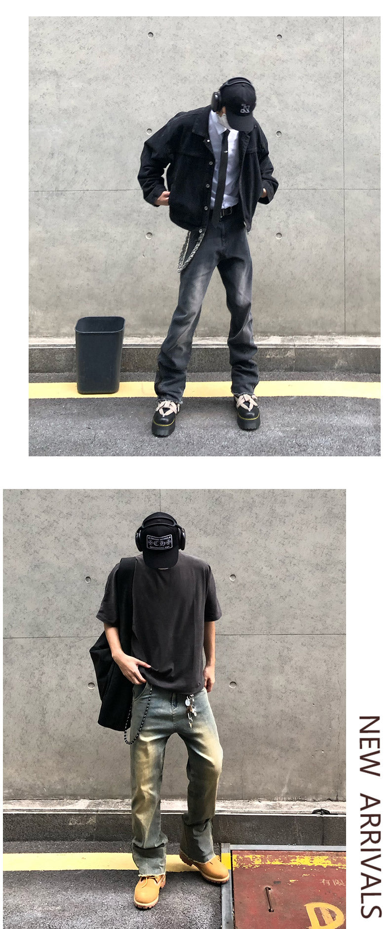 CBAYD-A88-103-1B 潮牌拼接拉鍊牛仔褲寬鬆微喇長褲(2色)