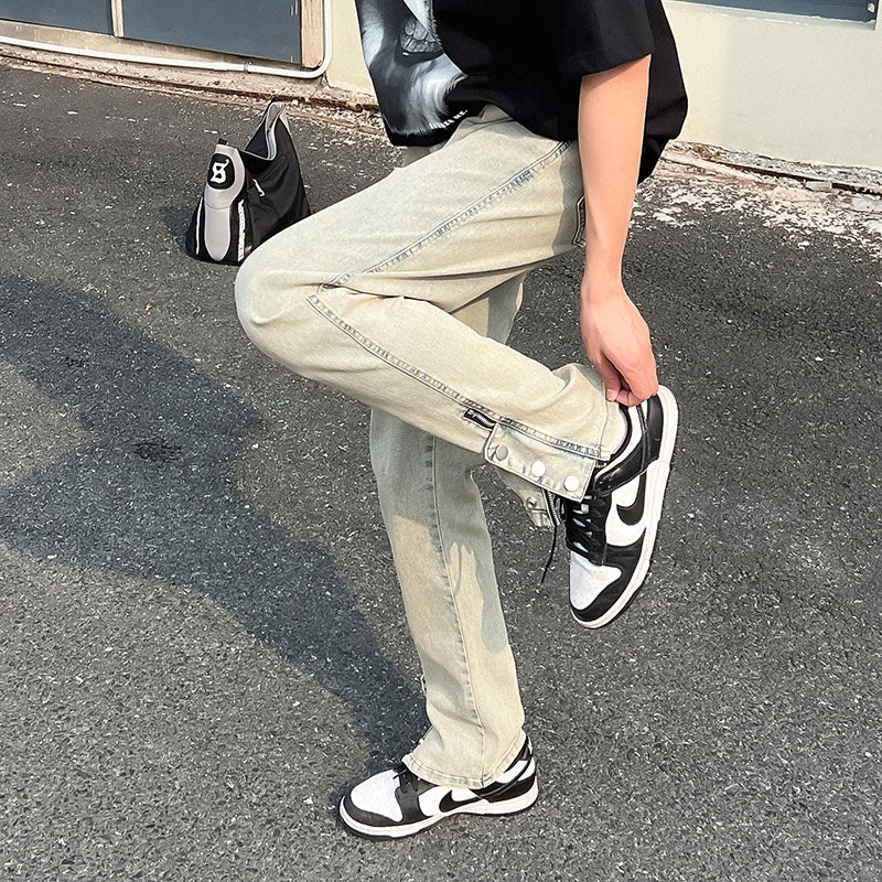 CBAYD786-703-1B 復古機能潮牌拉鍊彈性男直筒港風牛仔長褲(3色)
