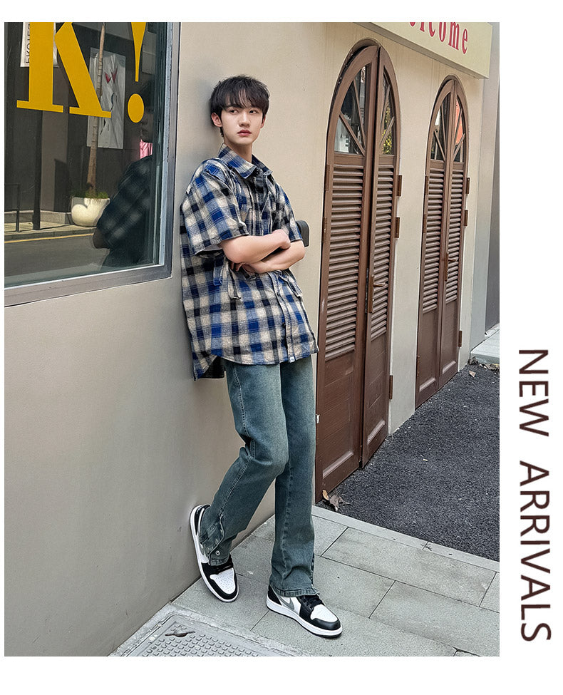 CBAYD786-703-1B 復古機能潮牌拉鍊彈性男直筒港風牛仔長褲(3色)