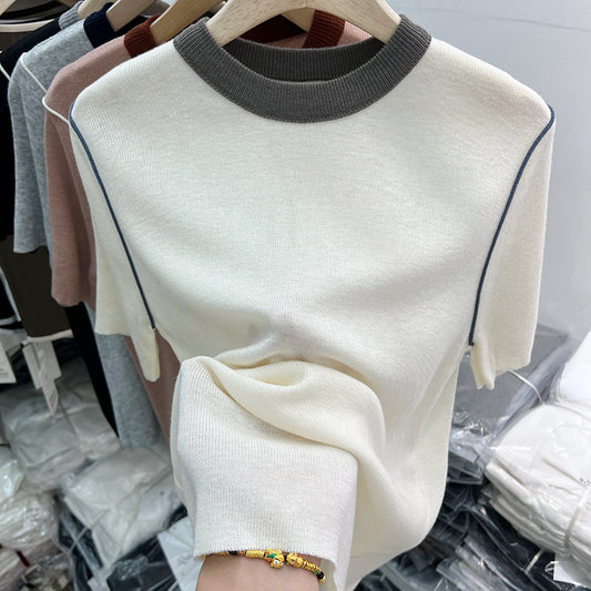 CGE087-27B 撞色圓領薄款軟糯短袖針織衫T恤(4色)