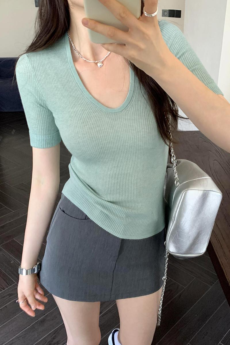 CGEM355-45B 針織上衣夏輕薄U領時尚短袖T恤(6色)