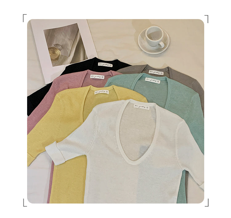 CGEM355-45B 針織上衣夏輕薄U領時尚短袖T恤(6色)