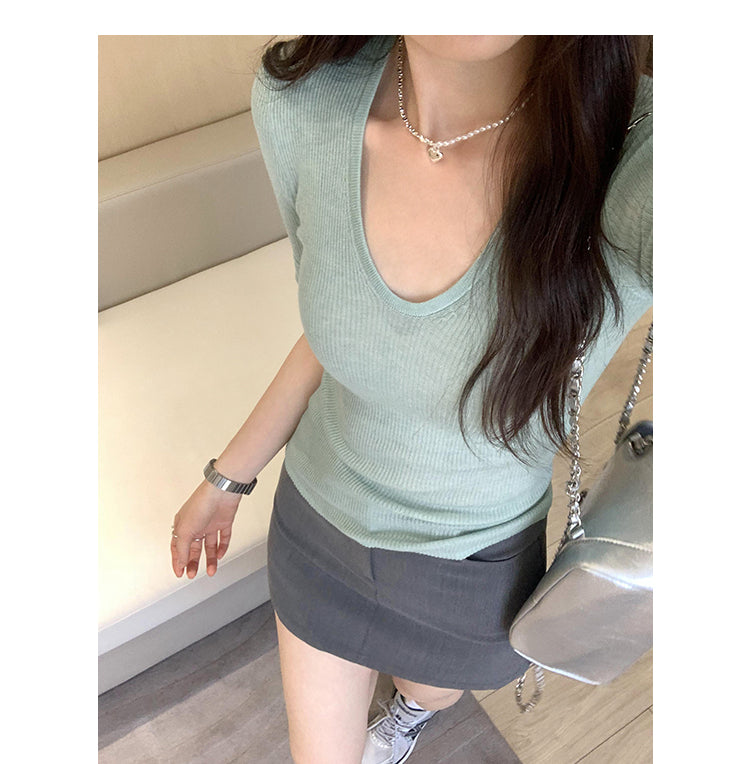 CGEM355-45B 針織上衣夏輕薄U領時尚短袖T恤(6色)