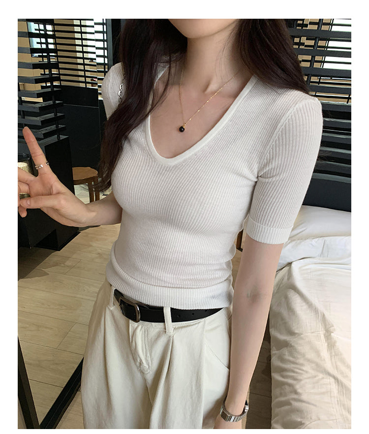 CGEM355-45B 針織上衣夏輕薄U領時尚短袖T恤(6色)