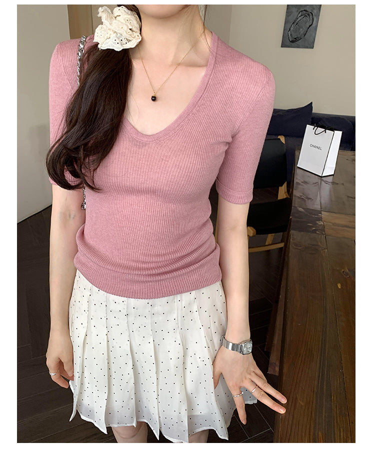 CGEM355-45B 針織上衣夏輕薄U領時尚短袖T恤(6色)