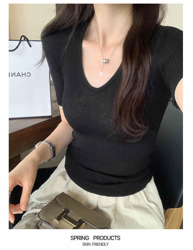 CGEM355-45B 針織上衣夏輕薄U領時尚短袖T恤(6色)