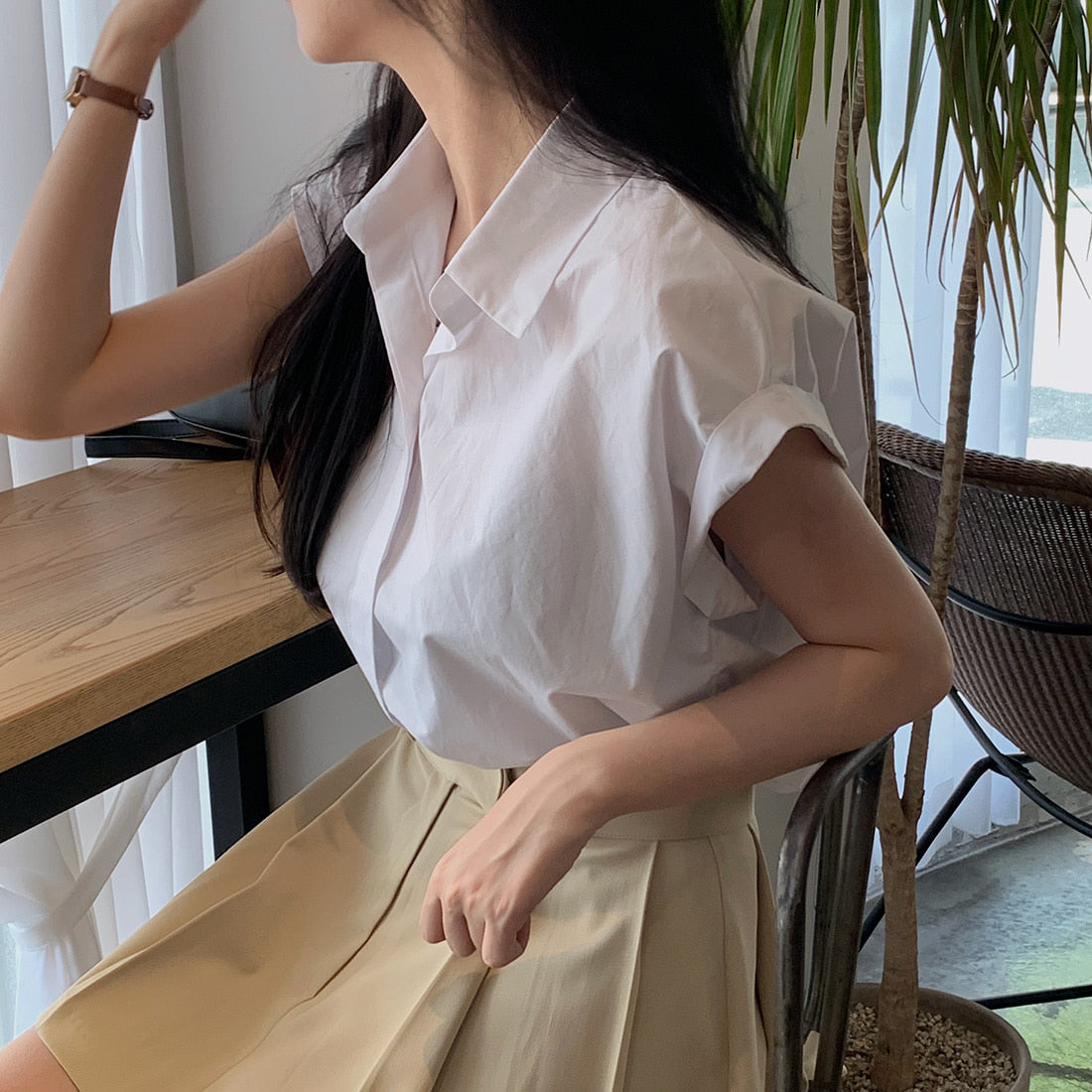 CGE3760-47B 極簡休閒經典百搭卷袖設計襯衫上衣(2色)