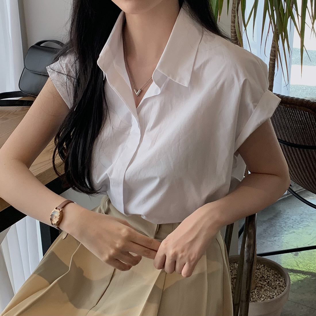 CGE3760-47B 極簡休閒經典百搭卷袖設計襯衫上衣(2色)