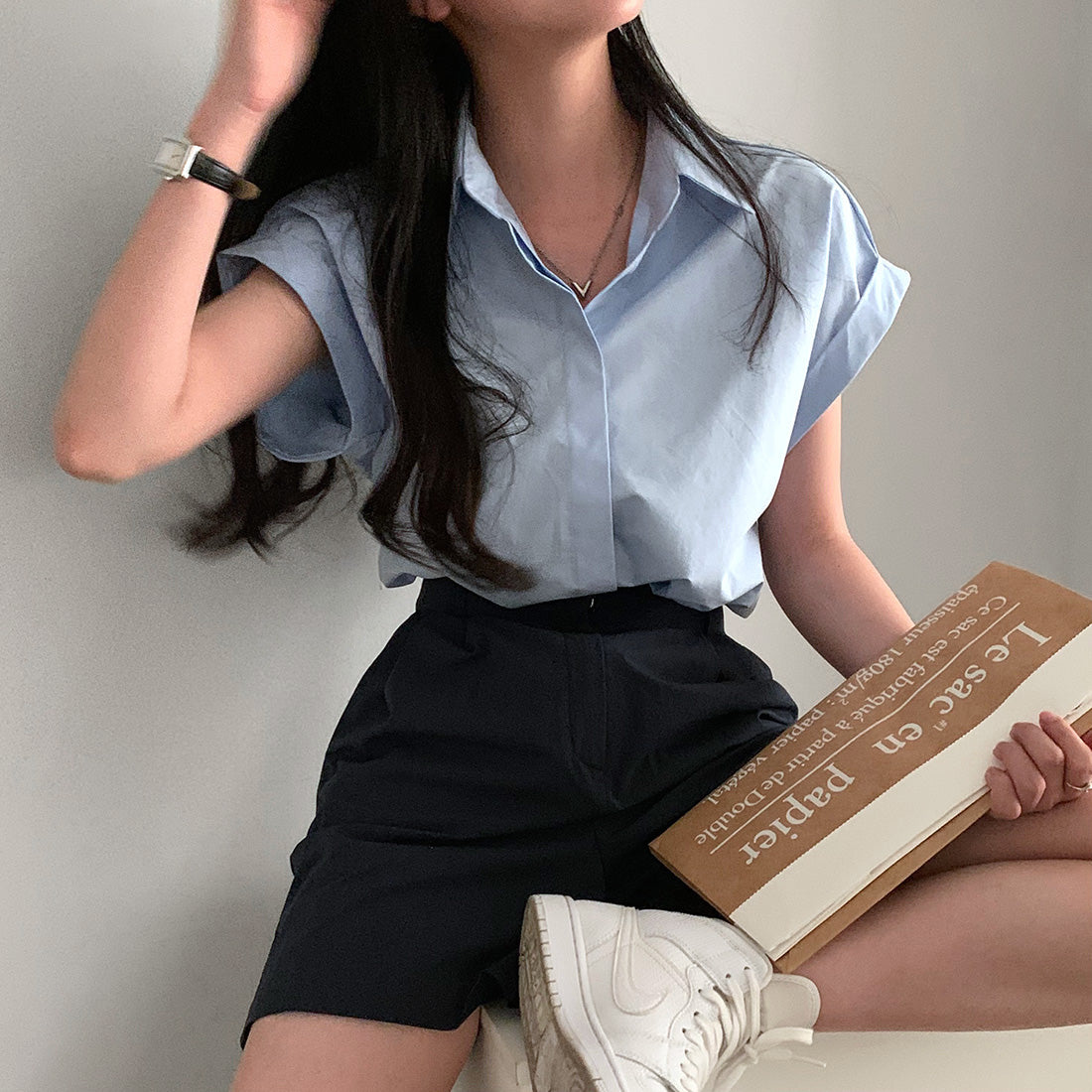 CGE3760-47B 極簡休閒經典百搭卷袖設計襯衫上衣(2色)