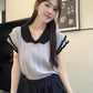 CGEA2563-67B 夏季新款短袖冰絲針織衫設計感撞色V領飛飛袖上衣