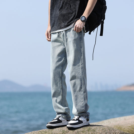 CBAK7096-203-1B 美式水洗彈力牛仔褲重磅寬鬆直筒休閒褲微喇褲(3色)
