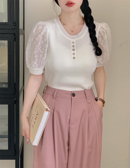 CGE5228-88B 針織顯瘦毛紗泡泡袖百搭圓領T恤(4色)