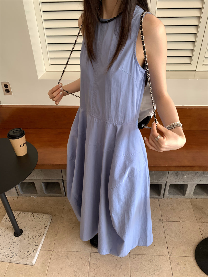 CGB9115-120B 復古設計感繭型無袖長款背心連衣裙