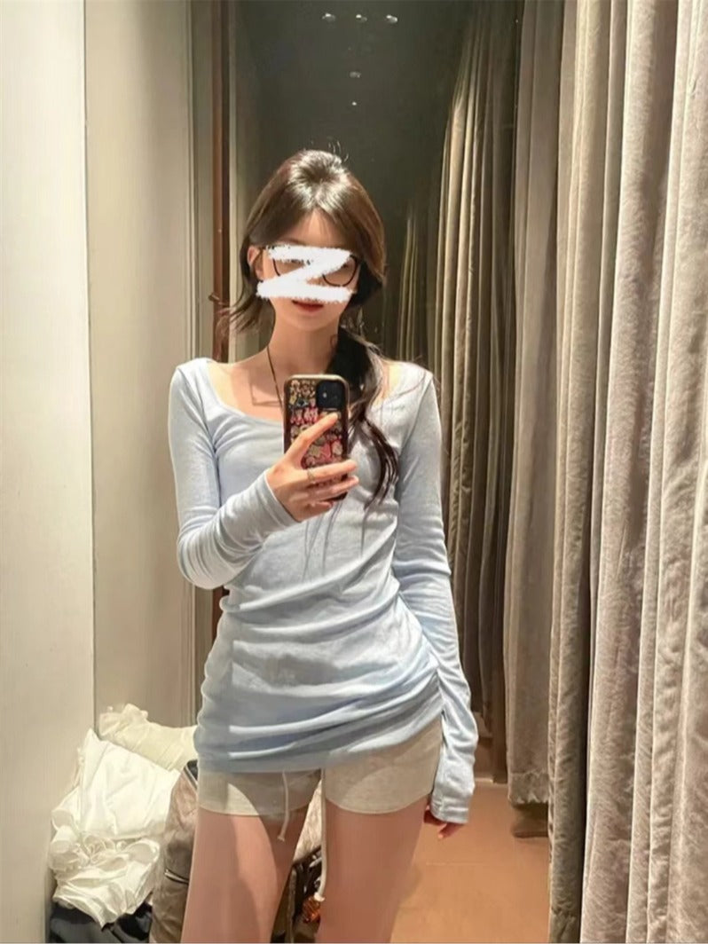 CGD62223-36H 藍色U領修身長袖T恤夏季薄款百搭上衣(5色)