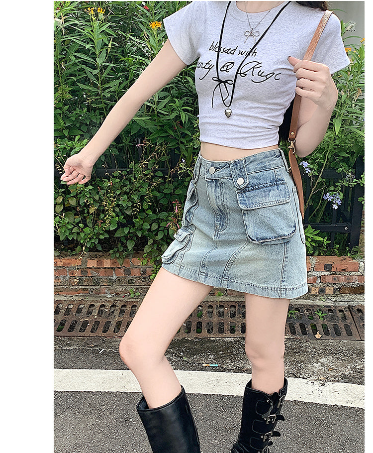 📺︎︎  CGS808-36H 牛仔純棉工裝純棉復古短裙夏季防走光高腰A字百褶半身裙