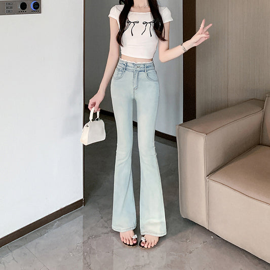 CGA3154-27B 淺藍色蕾絲拼接微喇牛仔褲