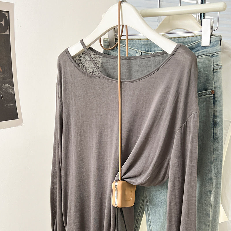 CGD07175-3-42B 夏季開叉露肩防曬寬鬆薄款長袖T恤(2色)