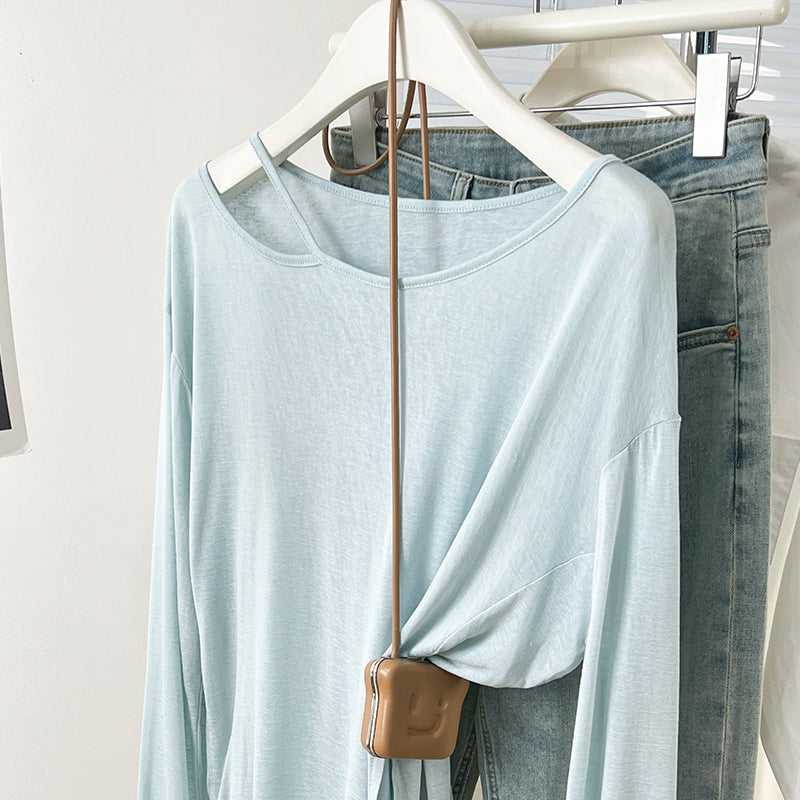 CGD07175-3-42B 夏季開叉露肩防曬寬鬆薄款長袖T恤(2色)