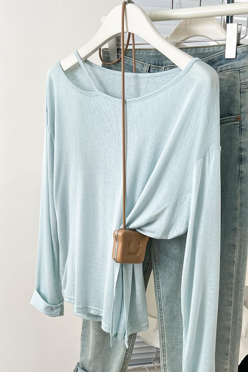 CGD07175-3-42B 夏季開叉露肩防曬寬鬆薄款長袖T恤(2色)