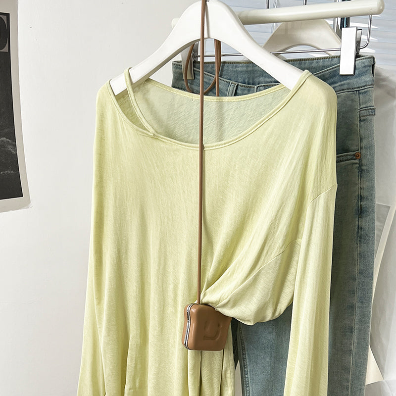 CGD07175-3-42B 夏季開叉露肩防曬寬鬆薄款長袖T恤(2色)