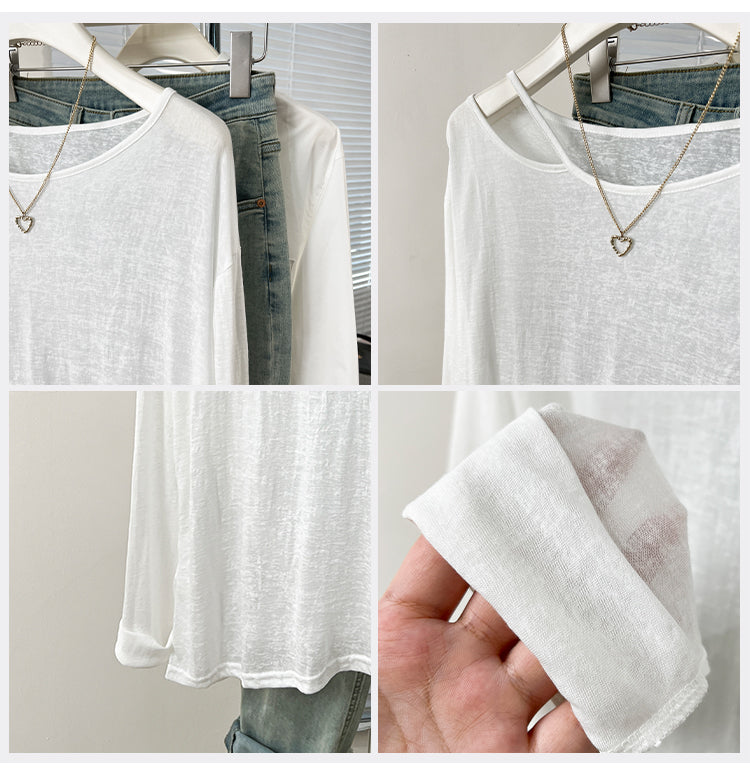 CGD07175-3-42B 夏季開叉露肩防曬寬鬆薄款長袖T恤(2色)