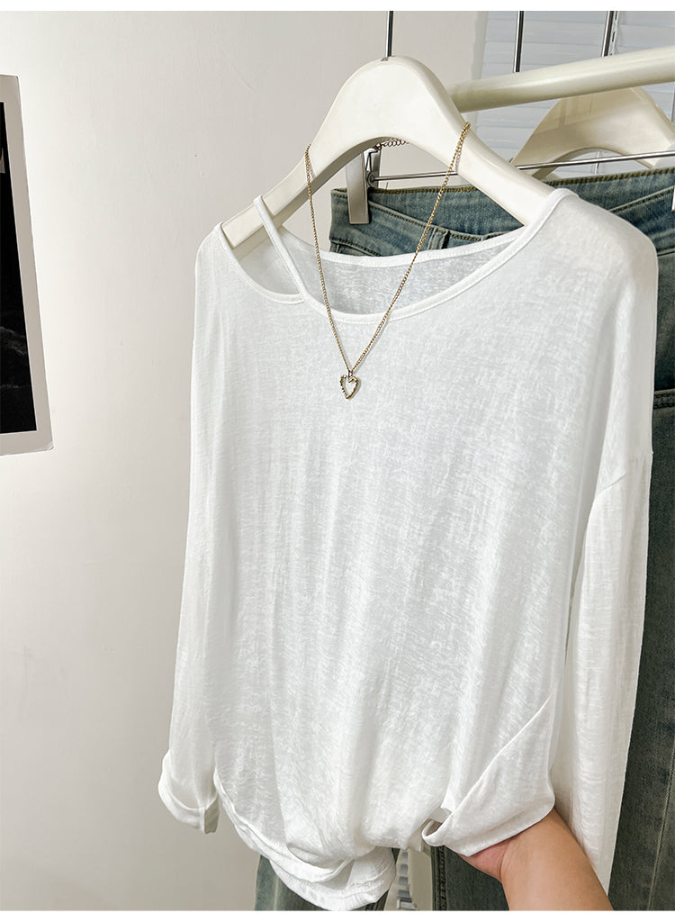 CGD07175-3-42B 夏季開叉露肩防曬寬鬆薄款長袖T恤(2色)