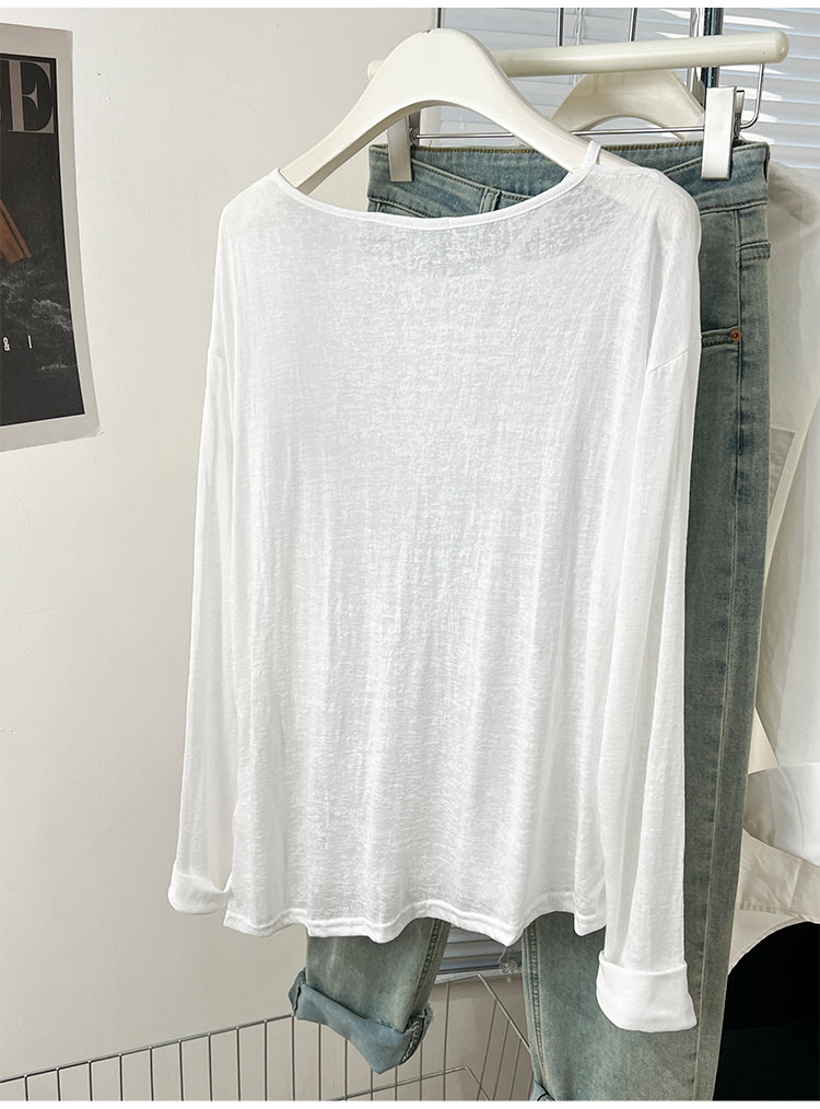 CGD07175-3-42B 夏季開叉露肩防曬寬鬆薄款長袖T恤(2色)