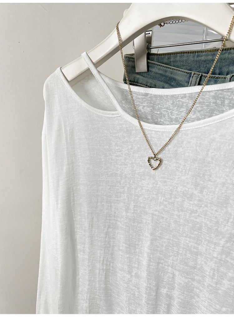 CGD07175-3-42B 夏季開叉露肩防曬寬鬆薄款長袖T恤(2色)