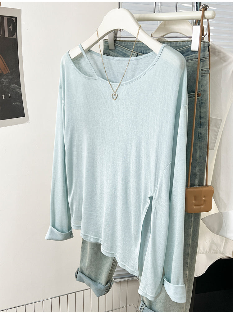 CGD07175-3-42B 夏季開叉露肩防曬寬鬆薄款長袖T恤(2色)