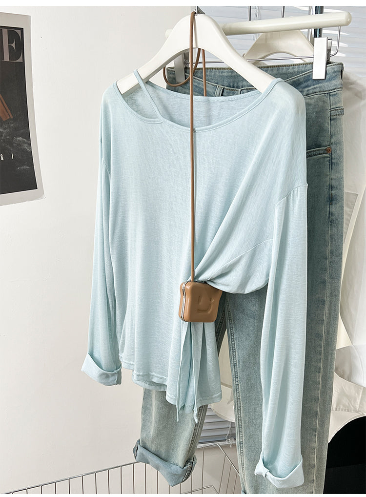 CGD07175-3-42B 夏季開叉露肩防曬寬鬆薄款長袖T恤(2色)
