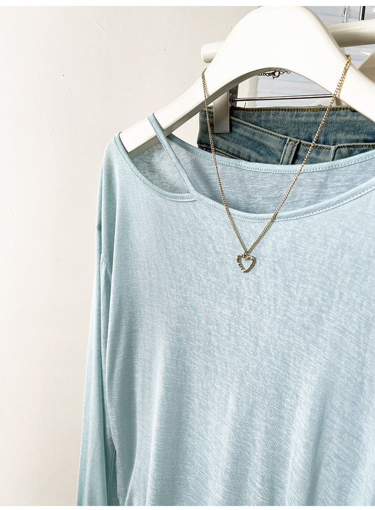 CGD07175-3-42B 夏季開叉露肩防曬寬鬆薄款長袖T恤(2色)