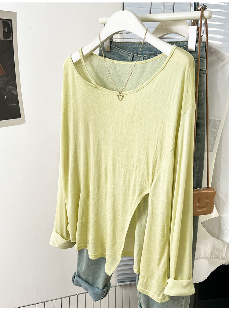 CGD07175-3-42B 夏季開叉露肩防曬寬鬆薄款長袖T恤(2色)