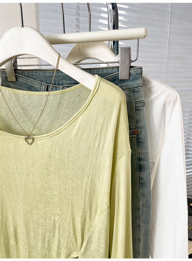CGD07175-3-42B 夏季開叉露肩防曬寬鬆薄款長袖T恤(2色)