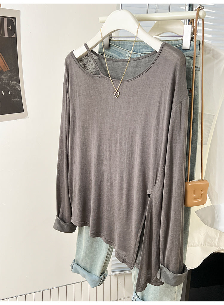 CGD07175-3-42B 夏季開叉露肩防曬寬鬆薄款長袖T恤(2色)