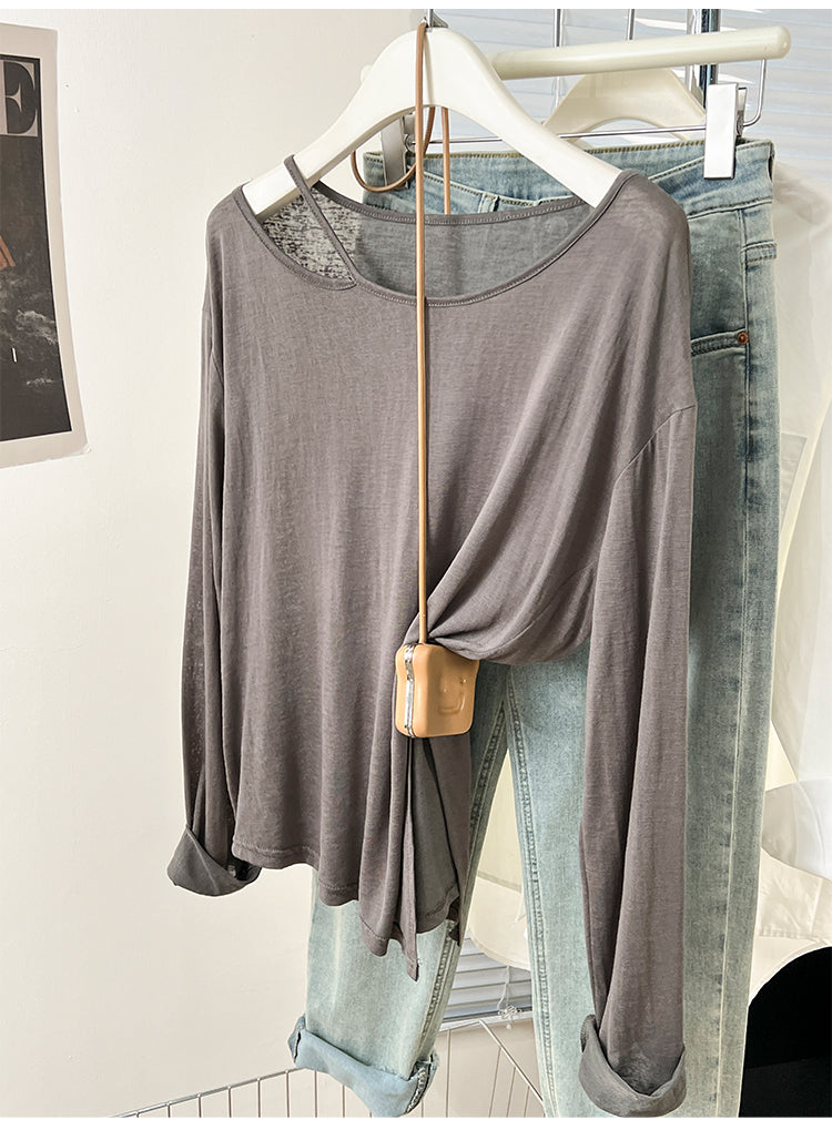CGD07175-3-42B 夏季開叉露肩防曬寬鬆薄款長袖T恤(2色)