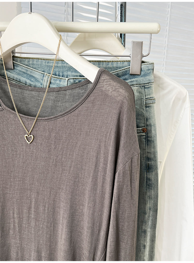 CGD07175-3-42B 夏季開叉露肩防曬寬鬆薄款長袖T恤(2色)