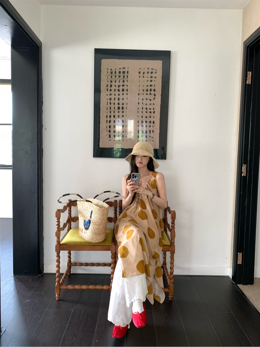 CGA9278-120B 復古感波點無袖背心裙百搭疊穿蕾絲長褲套裝