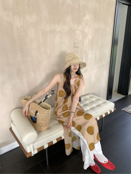 CGA9278-120B 復古感波點無袖背心裙百搭疊穿蕾絲長褲套裝