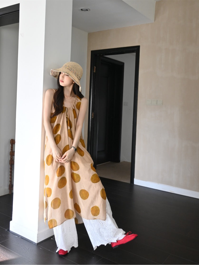 CGA9278-120B 復古感波點無袖背心裙百搭疊穿蕾絲長褲套裝