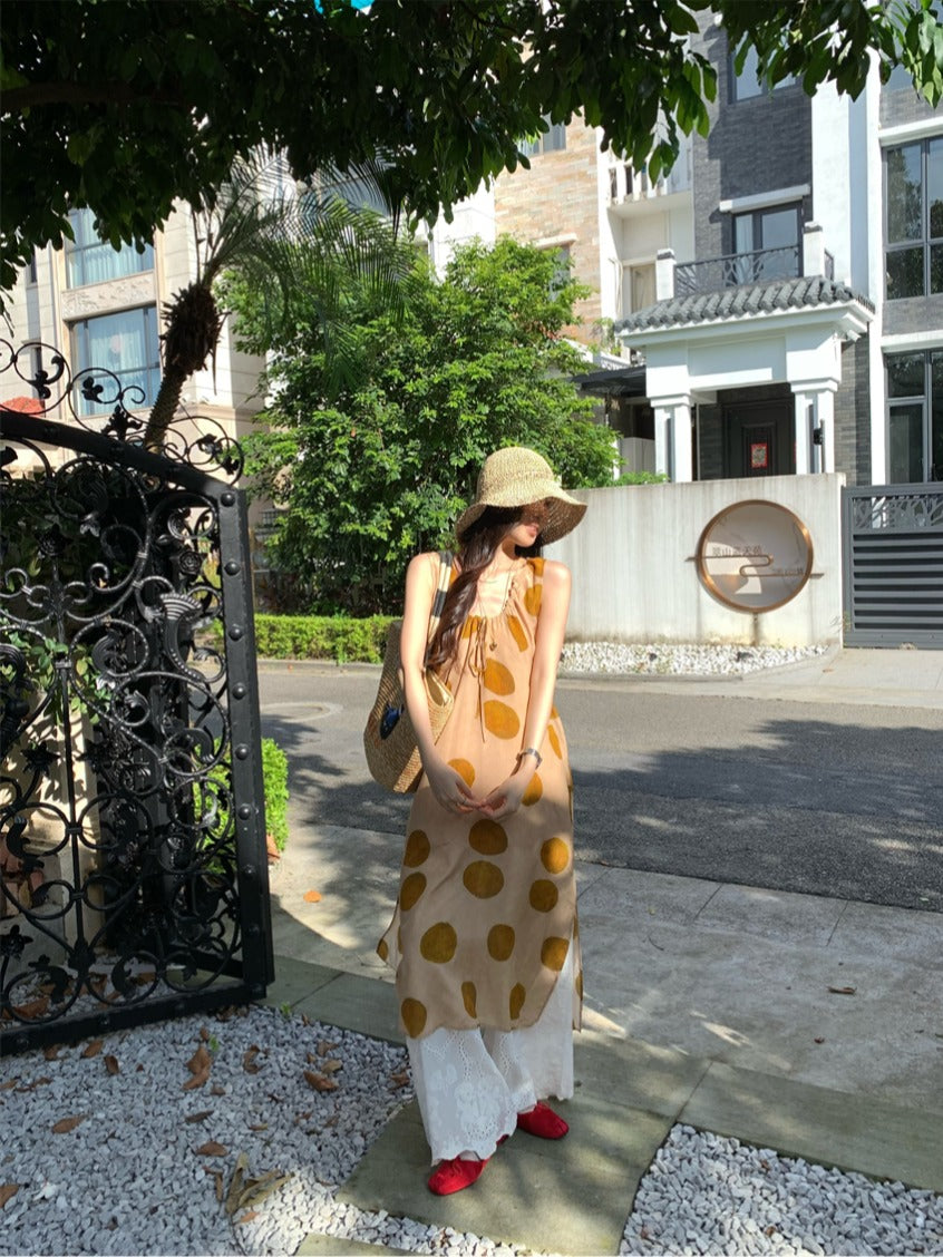 CGA9278-120B 復古感波點無袖背心裙百搭疊穿蕾絲長褲套裝