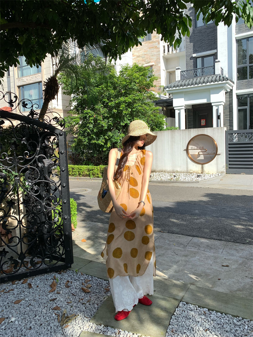 CGA9278-120B 復古感波點無袖背心裙百搭疊穿蕾絲長褲套裝