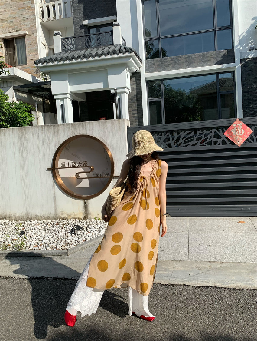 CGA9278-120B 復古感波點無袖背心裙百搭疊穿蕾絲長褲套裝