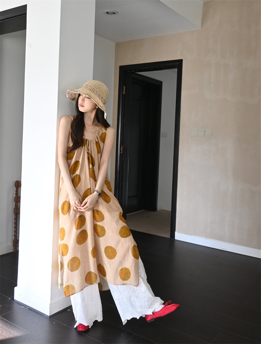 CGA9278-120B 復古感波點無袖背心裙百搭疊穿蕾絲長褲套裝